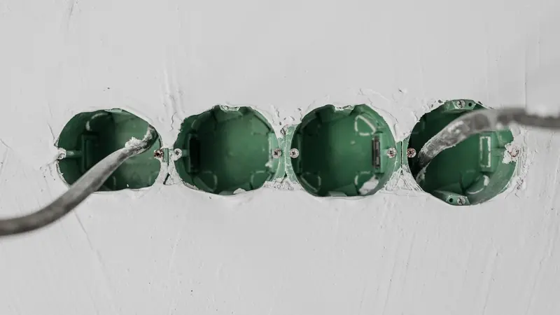 Cajas de pase verdes embutidas en una pared recién revocada